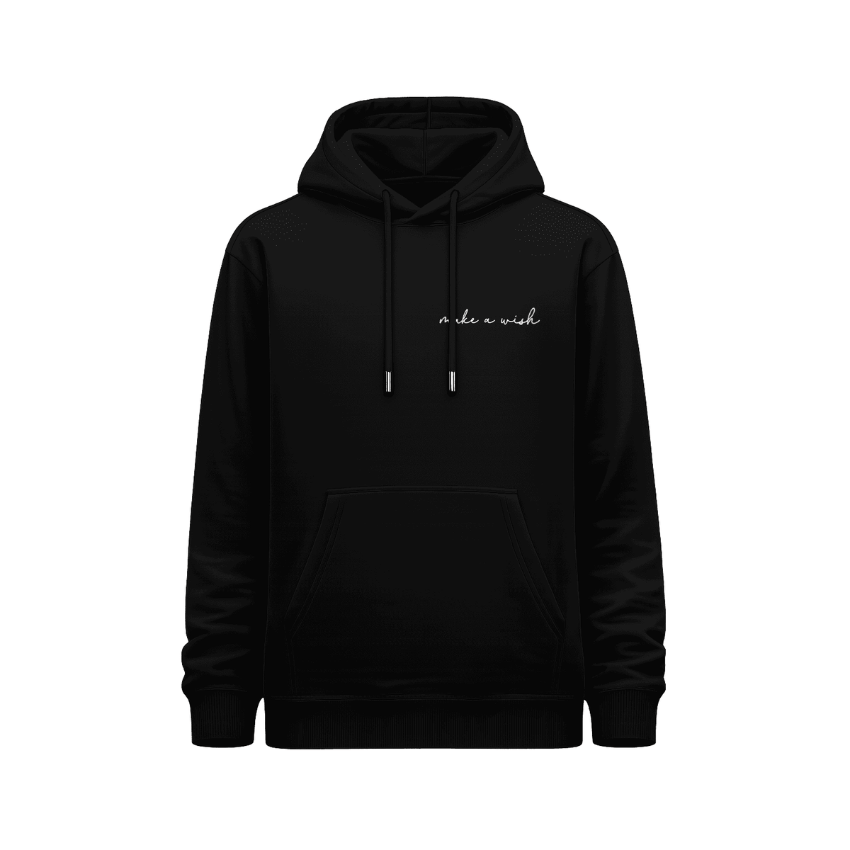 Hoodie negro para mujer 11:11 - Make a Wish vista frontal con frase manuscrita blanca "make a wish" ubicada en el lado izquierdo del pecho.