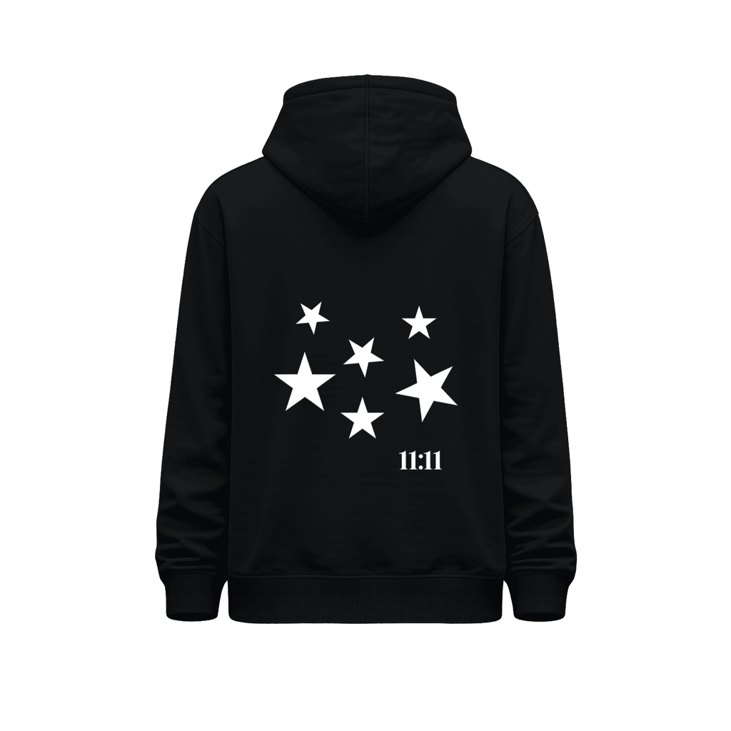 Hoodie negro para mujer 11:11 - Make a Wish vista trasera con composición de cinco estrellas blancas y número 11:11 en la parte inferior derecha del diseño.