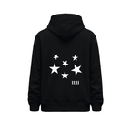 Hoodie negro para mujer 11:11 - Make a Wish vista trasera con composición de cinco estrellas blancas y número 11:11 en la parte inferior derecha del diseño.