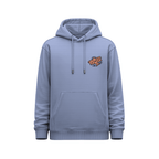 Vista frontal de hoodie unisex azul humo con pequeño gráfico artístico color coral ubicado en el pecho izquierdo.