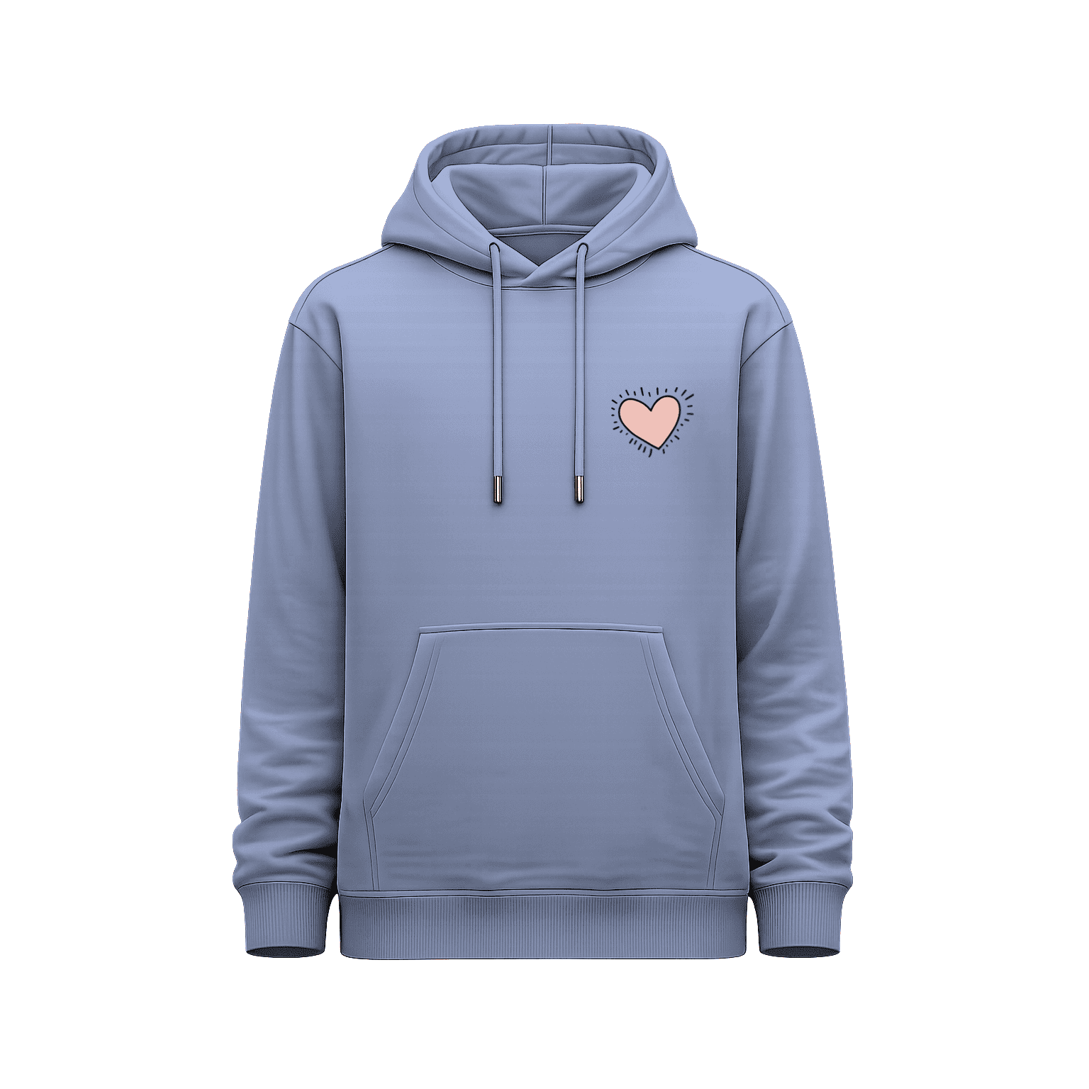 Hoodie azul claro vista frontal con pequeño corazón rosa en el pecho