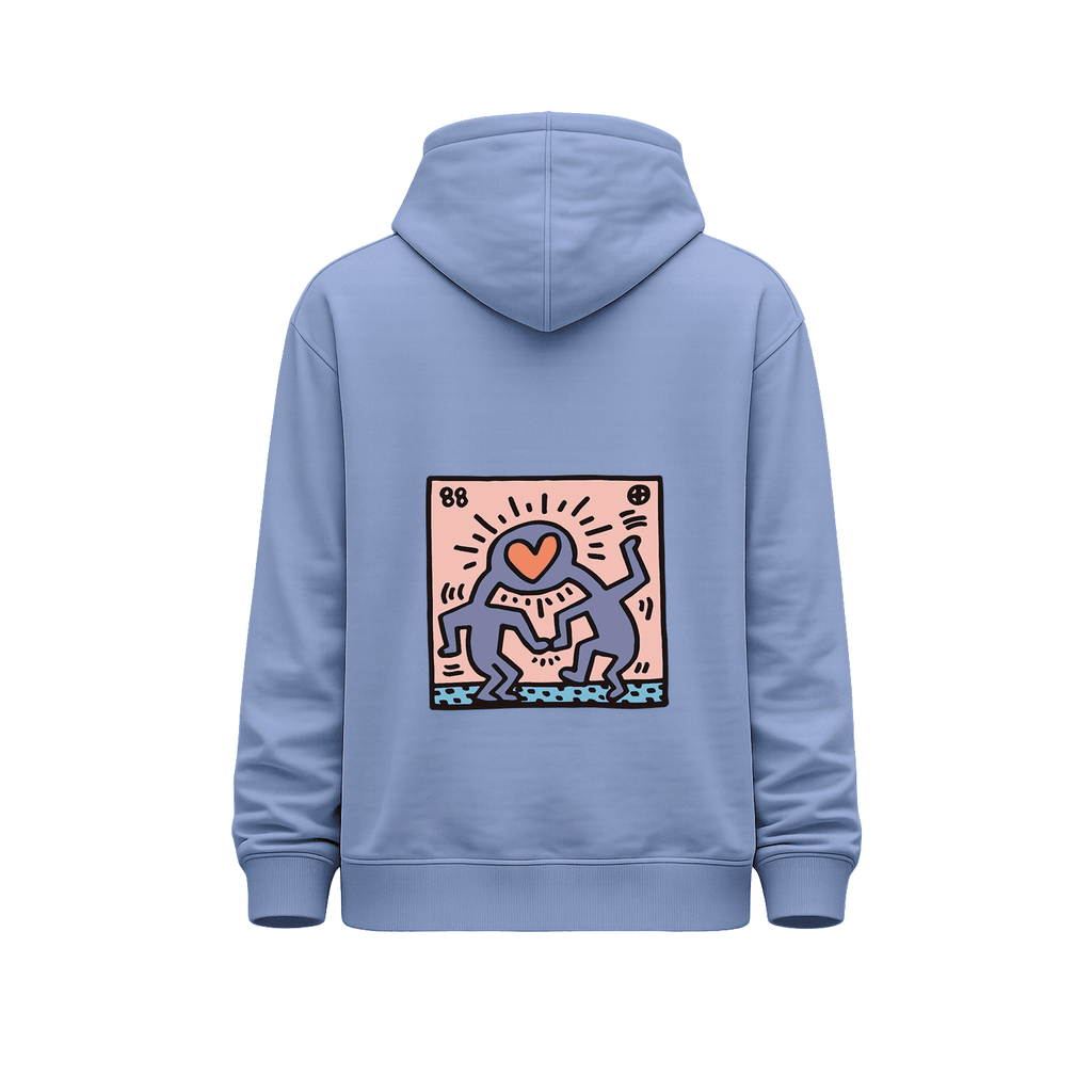 Hoodie azul claro vista trasera con ilustración gráfica tipo cuadro