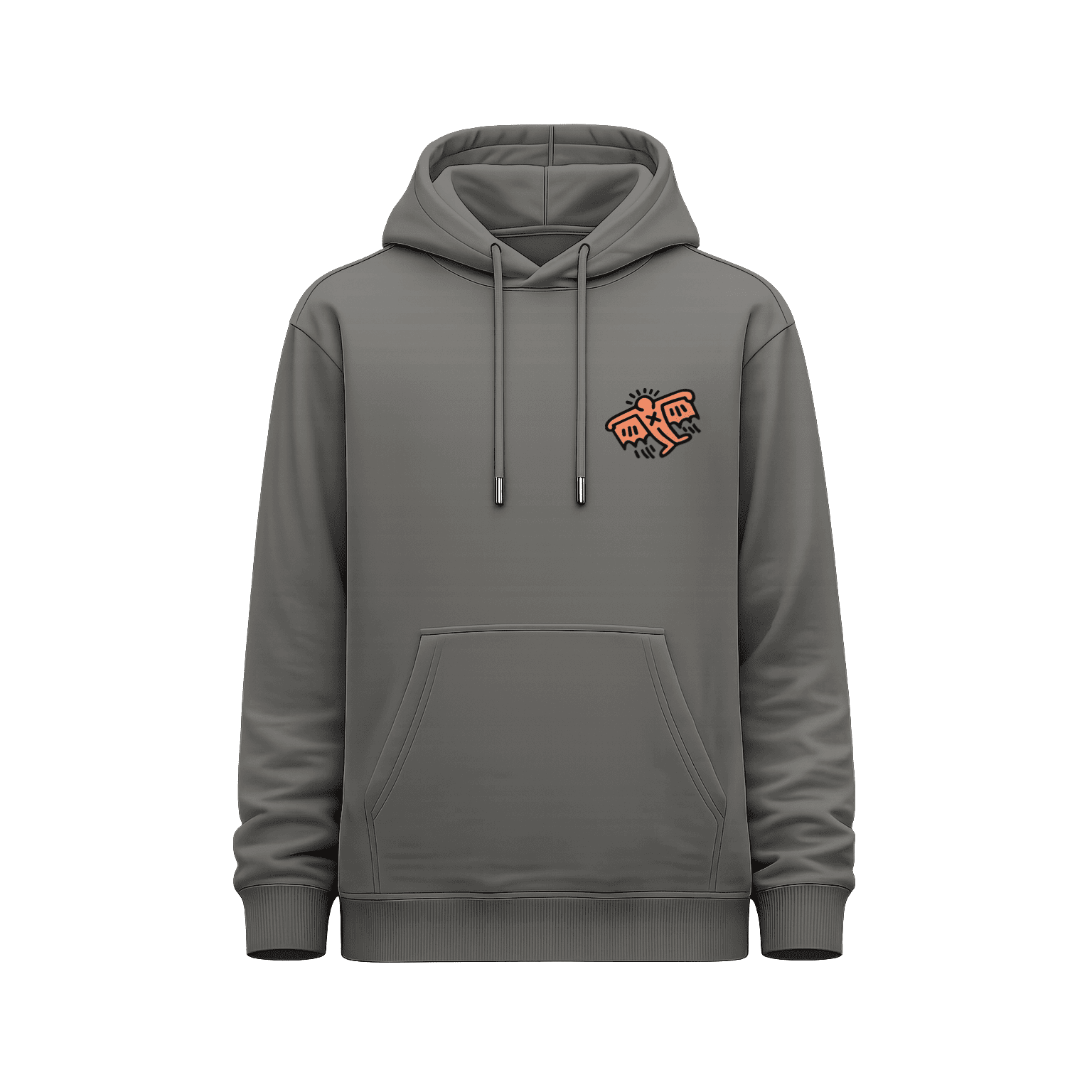 Vista frontal de hoodie unisex gris oscuro con pequeño gráfico artístico color coral ubicado en el pecho izquierdo.