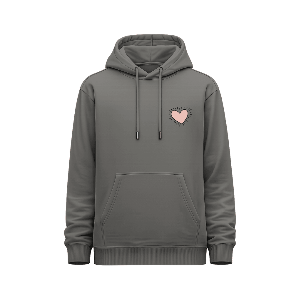 Hoodie gris vista frontal con diseño minimalista de corazón