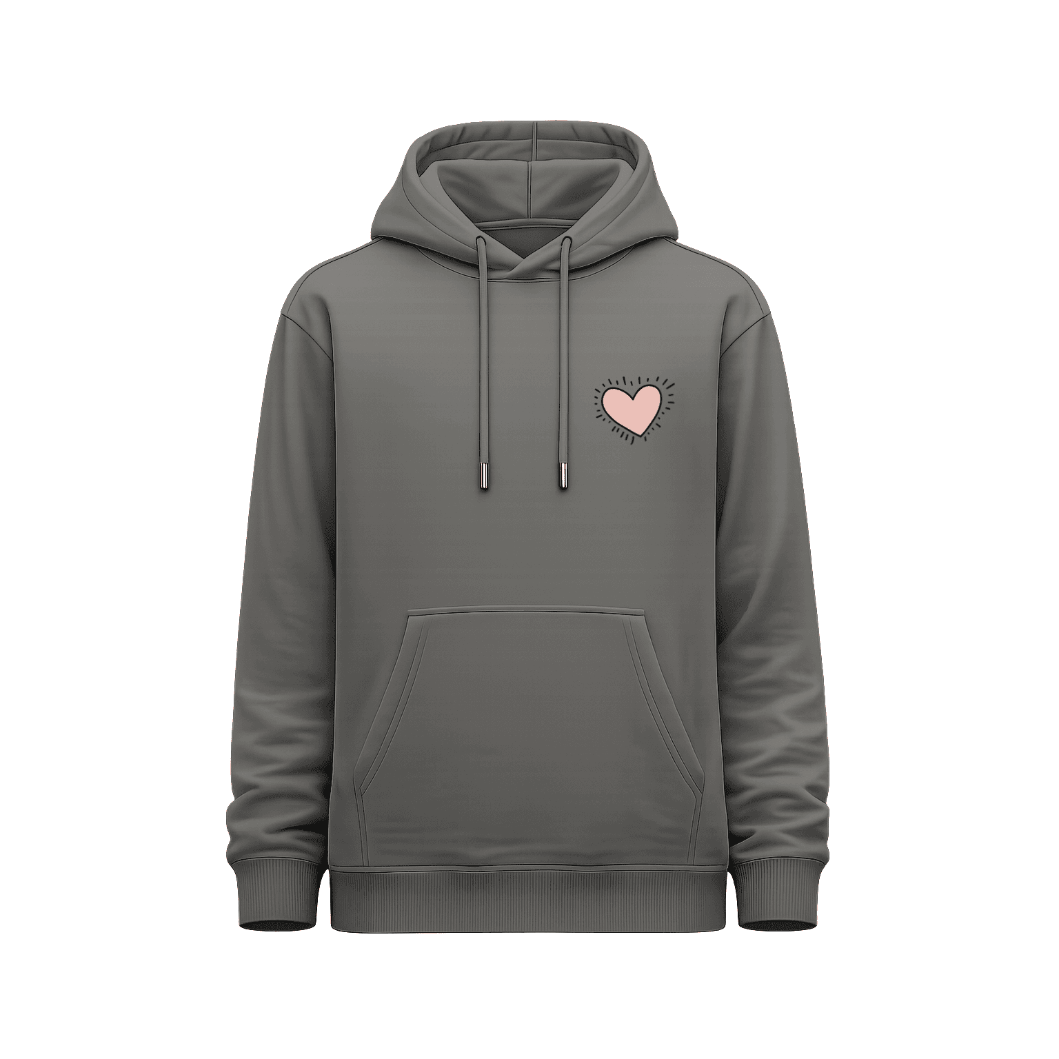 Hoodie gris vista frontal con diseño minimalista de corazón
