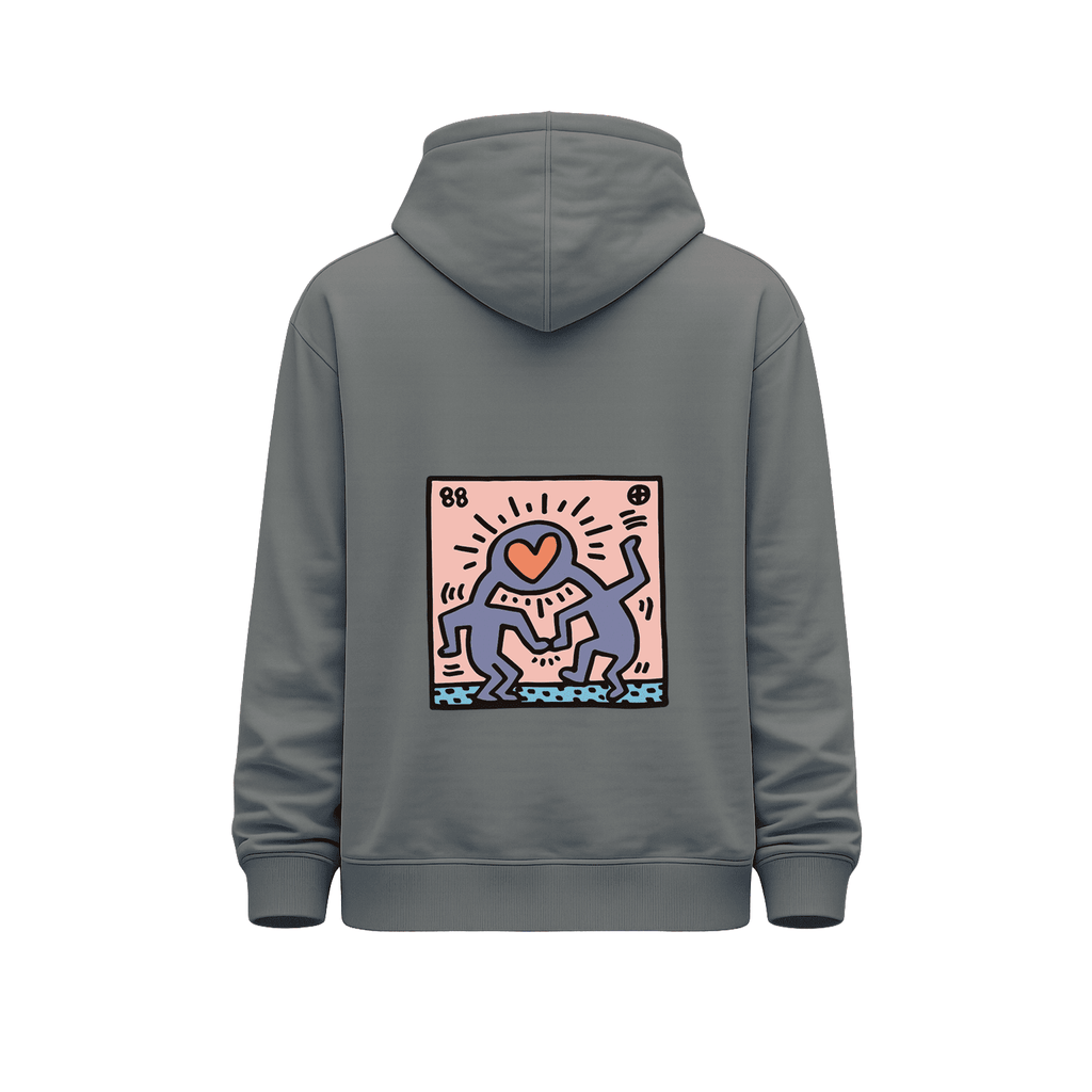 Hoodie gris vista trasera con ilustración artística de figuras y corazón