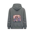 Hoodie gris vista trasera con ilustración artística de figuras y corazón