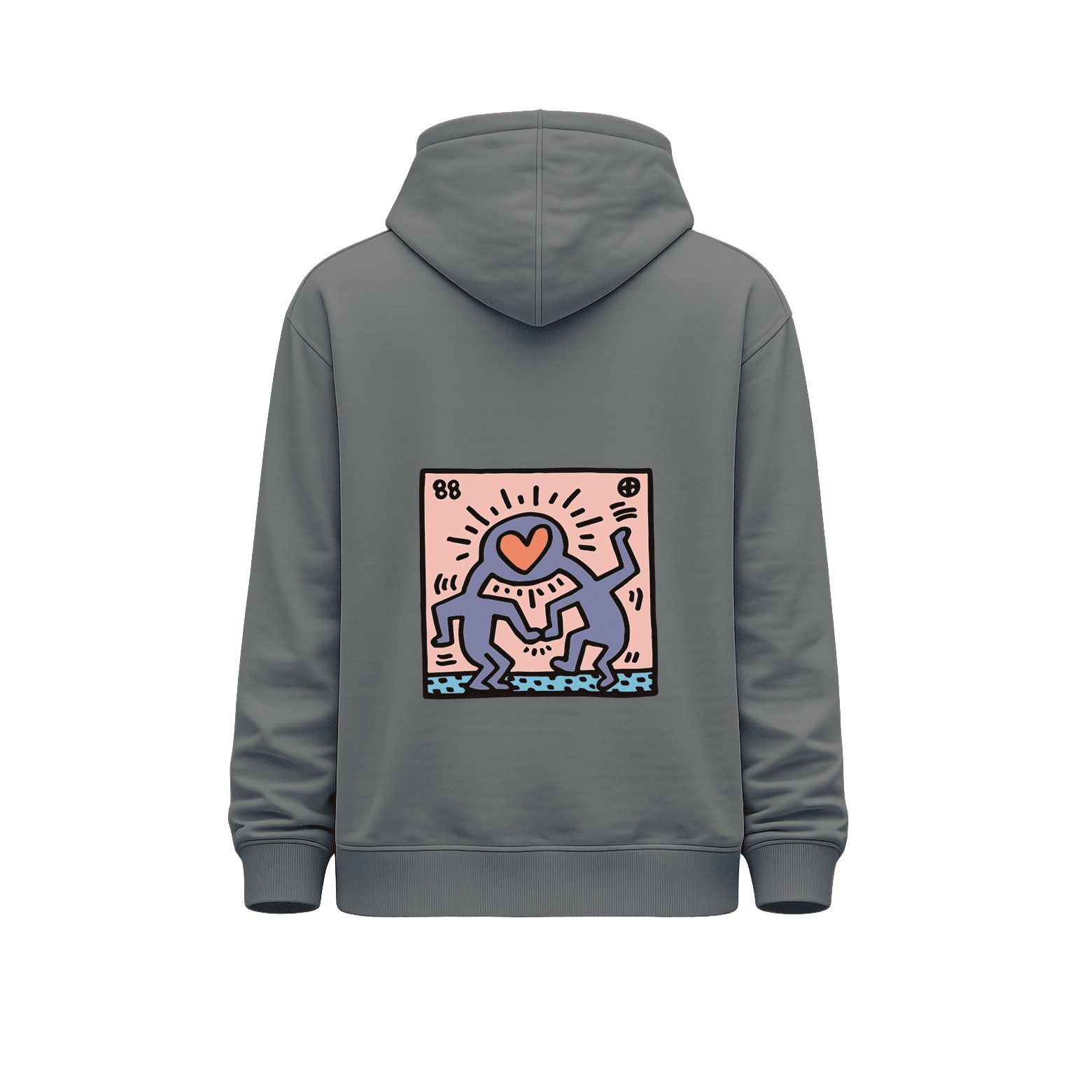 Hoodie gris vista trasera con ilustración artística de figuras y corazón