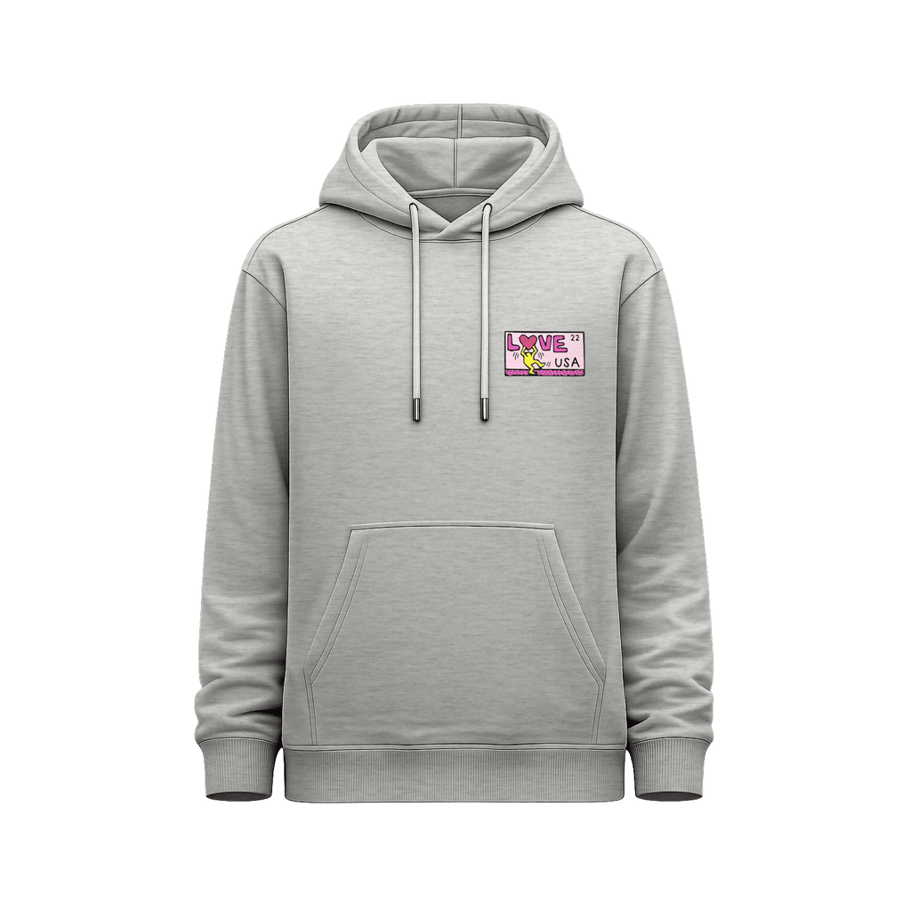 Hoodie unisex gris jaspeado Keith Haring Multicolor Square - Love USA con pequeño estampado Love USA 22 en el pecho izquierdo y capucha ajustable.