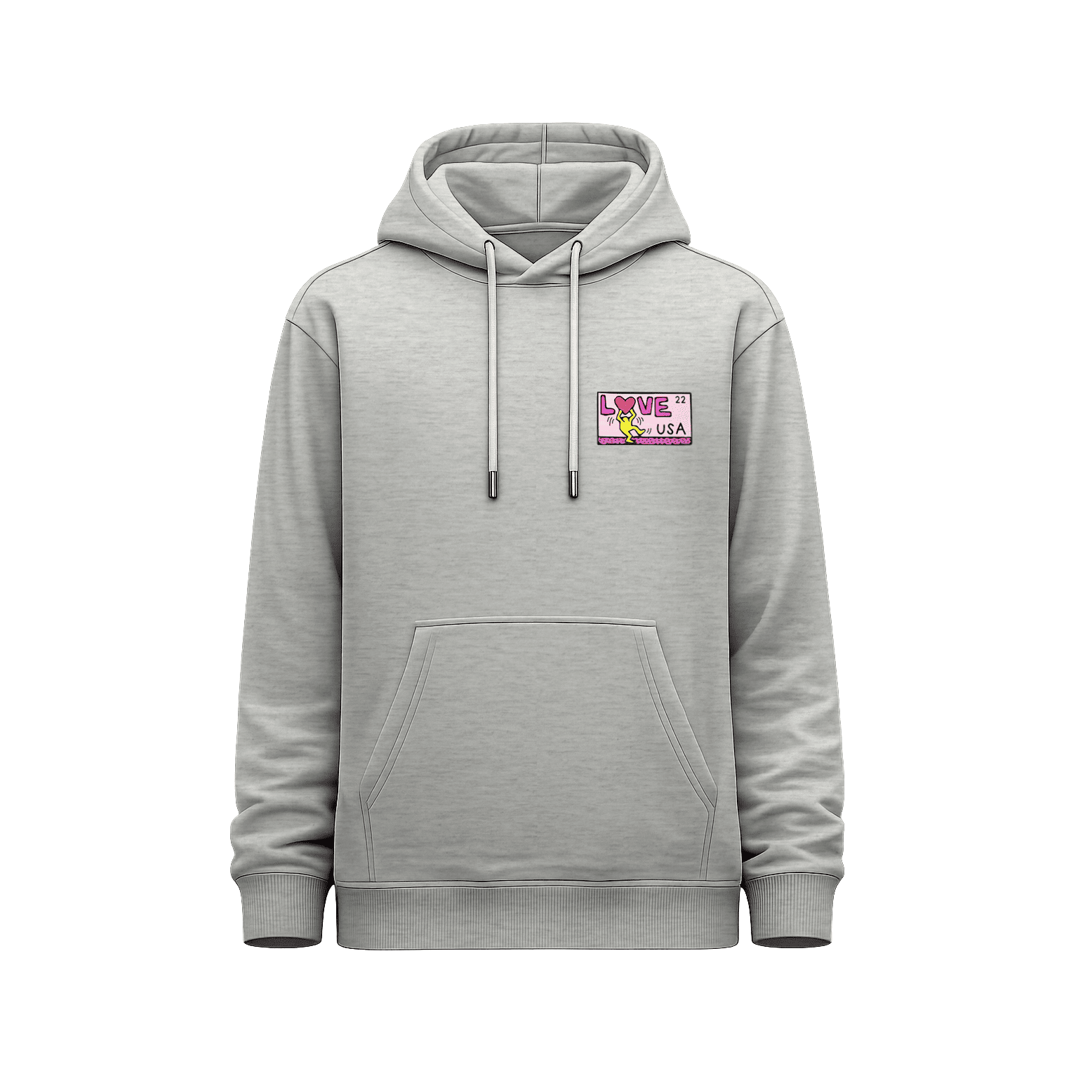 Hoodie unisex gris jaspeado Keith Haring Multicolor Square - Love USA con pequeño estampado Love USA 22 en el pecho izquierdo y capucha ajustable.