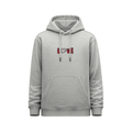 Hoodie unisex gris jaspeado vista frontal Keith Haring Big Heart con estampado centrado de la palabra LOVE en rojo y corazón rosa integrado en la tipografía.