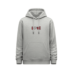 Hoodie unisex gris jaspeado vista frontal Keith Haring Big Heart con estampado centrado de la palabra LOVE en rojo y corazón rosa integrado en la tipografía.