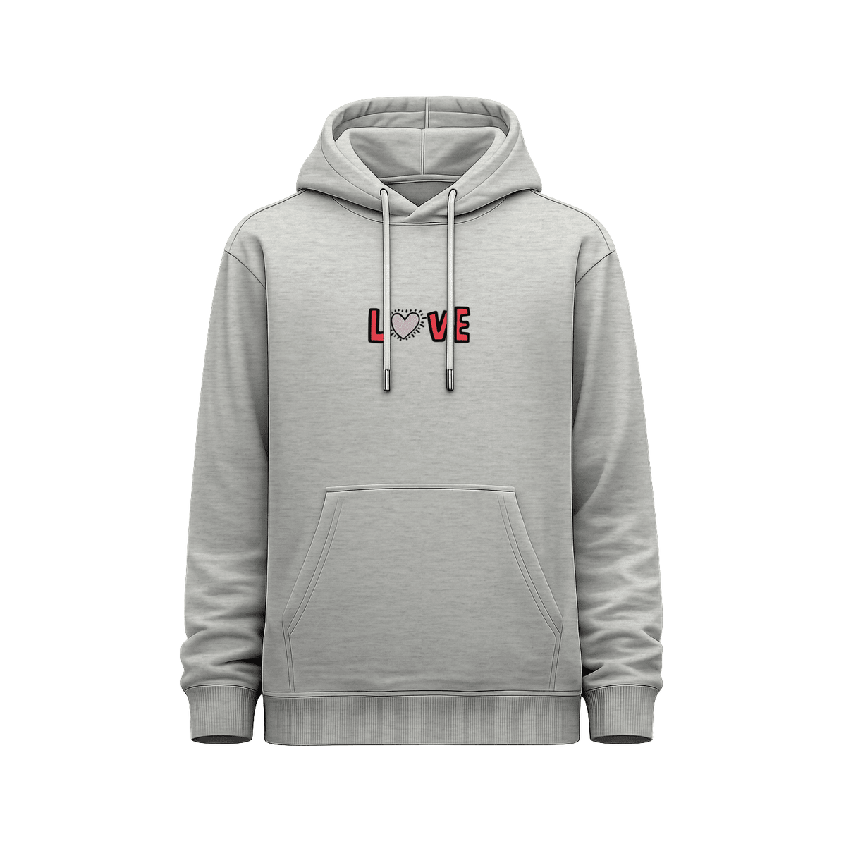 Hoodie unisex gris jaspeado vista frontal Keith Haring Big Heart con estampado centrado de la palabra LOVE en rojo y corazón rosa integrado en la tipografía.