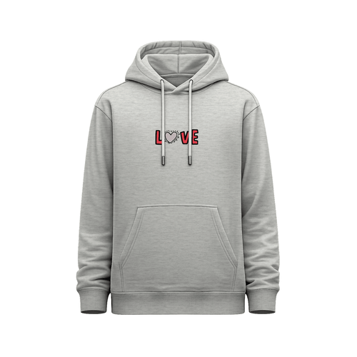 Hoodie unisex gris jaspeado vista frontal Keith Haring Big Heart con estampado centrado de la palabra LOVE en rojo y corazón rosa integrado en la tipografía.