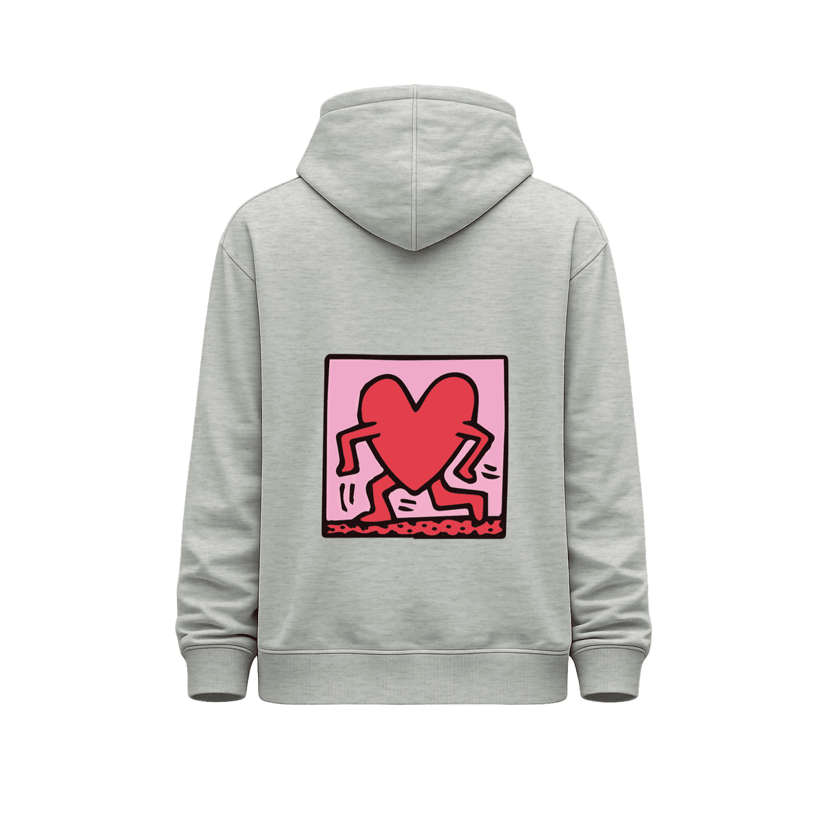 Hoodie unisex gris jaspeado vista trasera Keith Haring Big Heart con gran ilustración de corazón rojo antropomórfico en movimiento dentro de un marco rosa estilo Pop Art.