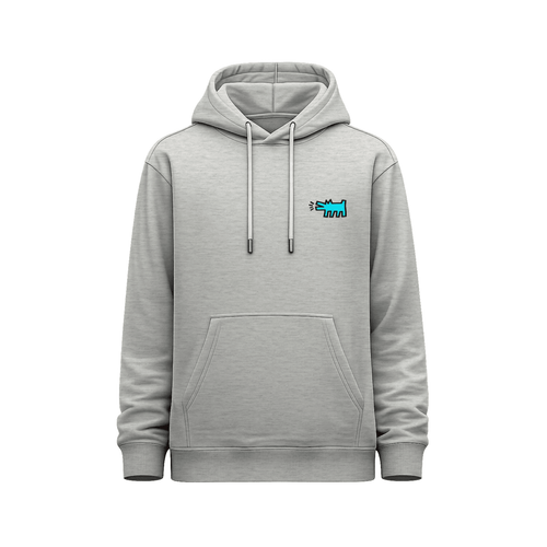 Hoodie unisex gris jaspeado Keith Haring Multicolor Square - Blue dog vista frontal con pequeño personaje abstracto azul turquesa estampado en el pecho izquierdo y bolsillo tipo canguro.