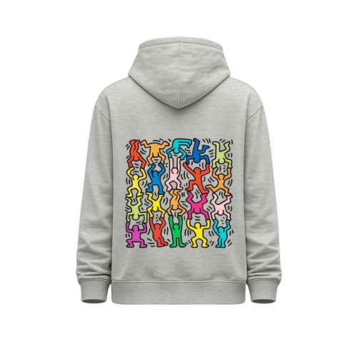 Hoodie unisex gris jaspeado Keith Haring Multicolor Square - Blue dog vista trasera con gran composición de figuras humanas abstractas multicolor en estilo arte urbano y líneas de movimiento negras.