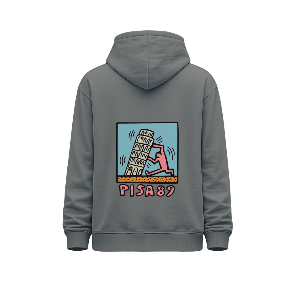 Hoodie gris unisex Keith Haring Pisa 89 con ilustración Pisa 89 y torre inclinada en la espalda