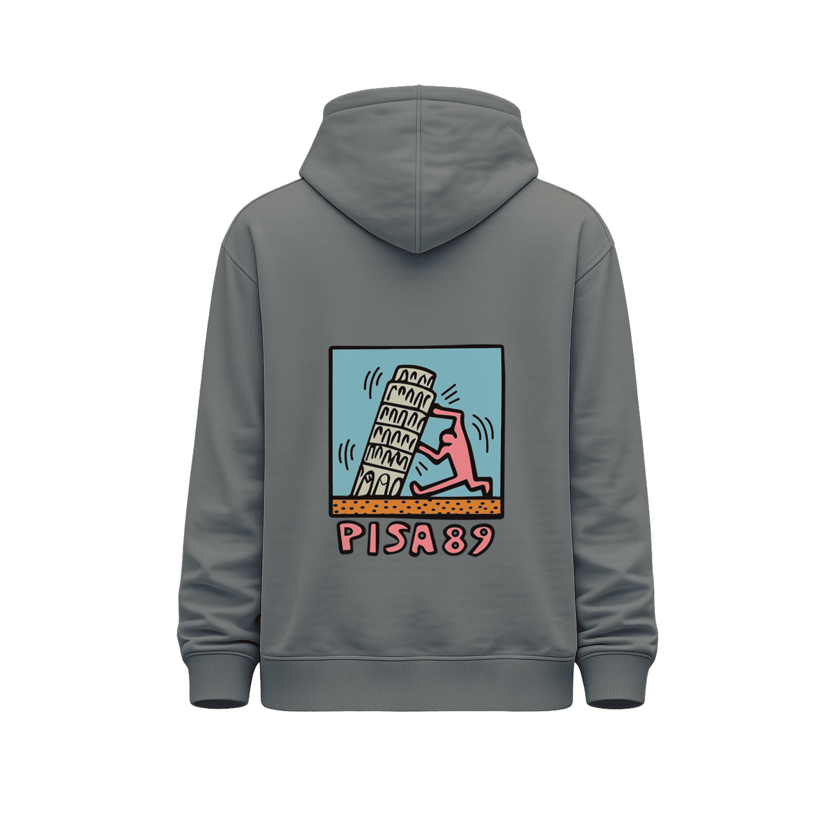 Hoodie gris unisex Keith Haring Pisa 89 con ilustración Pisa 89 y torre inclinada en la espalda