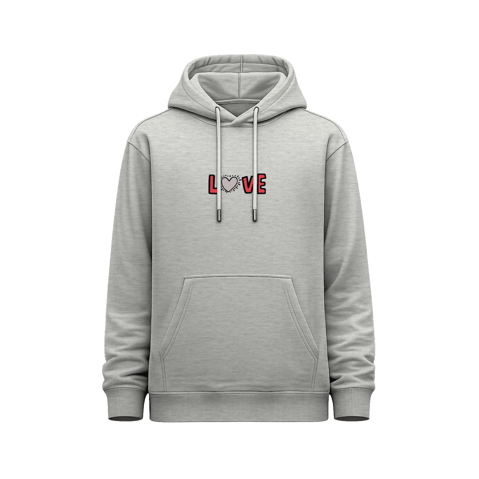 Hoodie unisex gris jaspeado vista frontal con estampado centrado de la palabra LOVE en rojo y corazón rosa integrado en la tipografía.