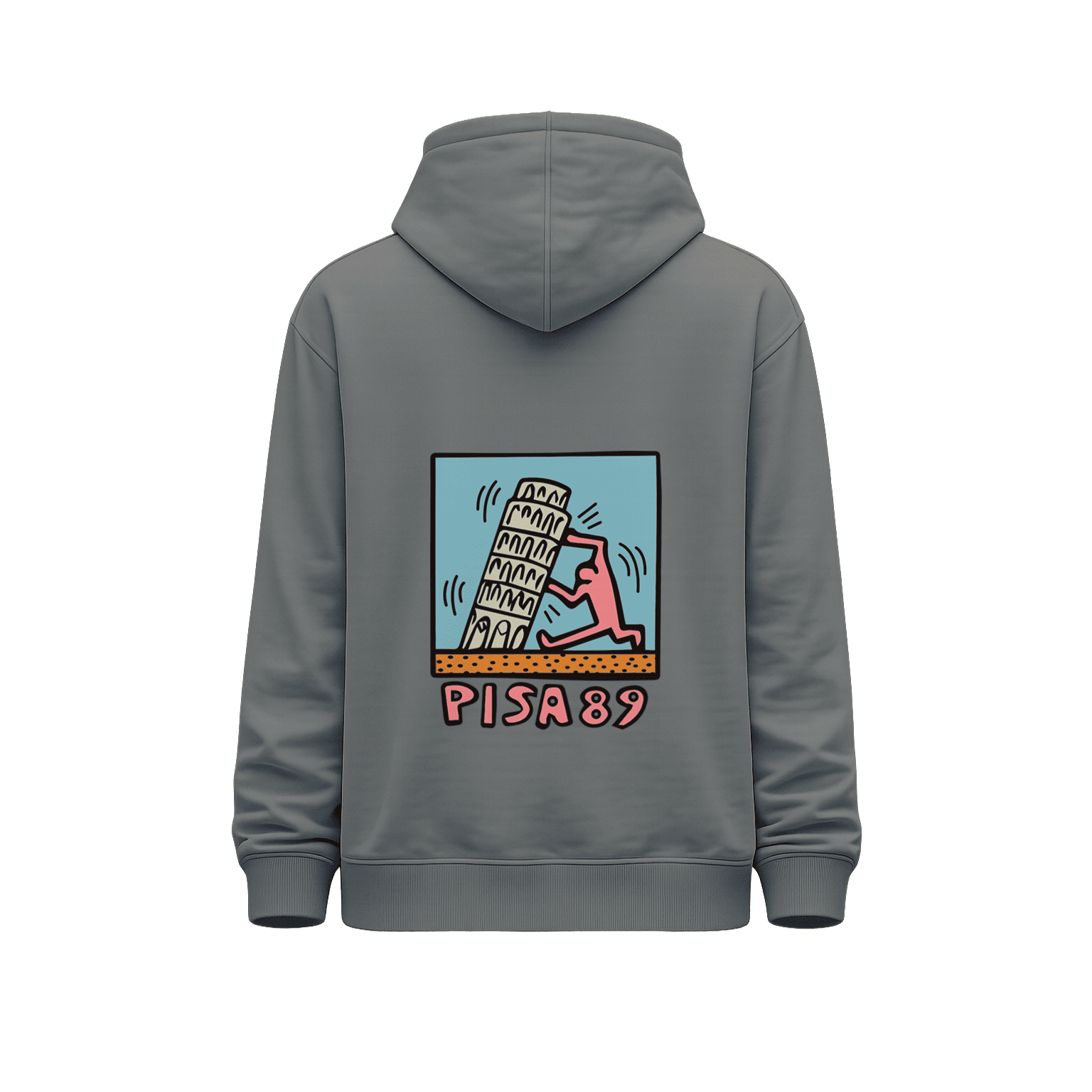 Hoodie gris unisex con ilustración Pisa 89 y torre inclinada en la espalda