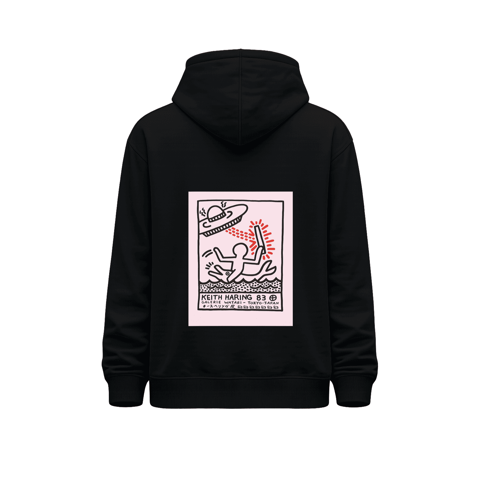 Hoodie negro vista trasera con ilustración tipo arte contemporáneo de figura humana y nave con detalles rojos