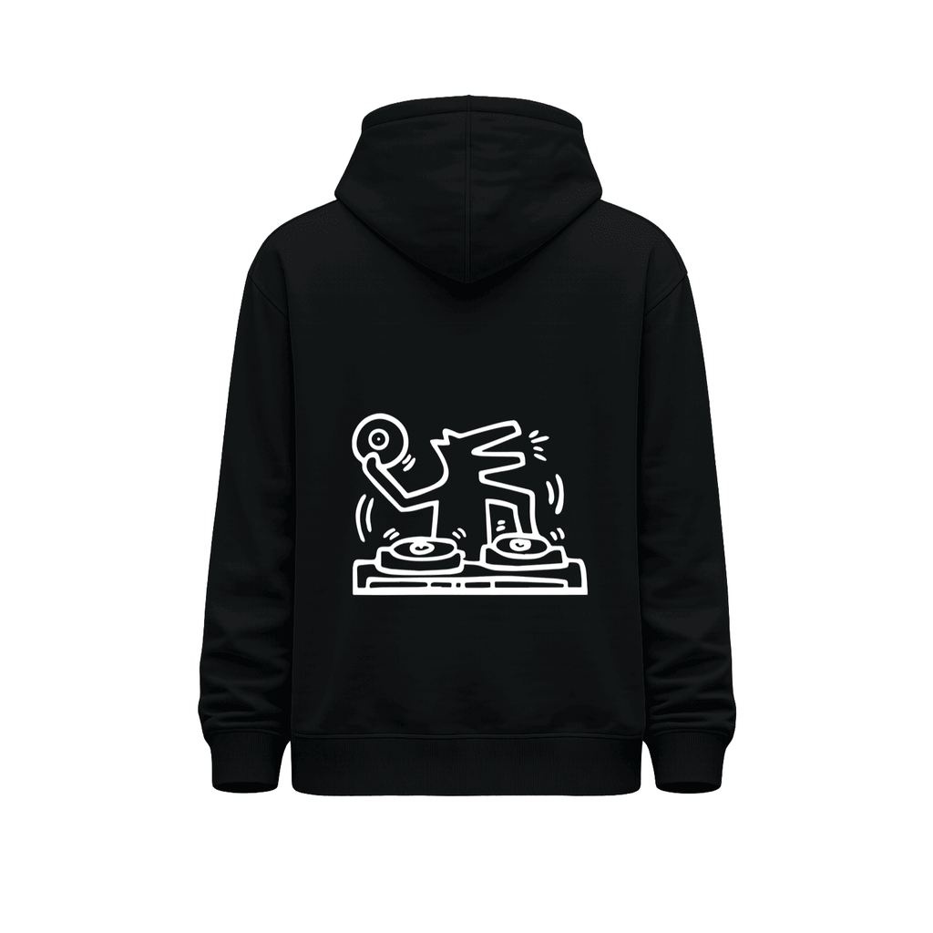 Hoodie unisex negro con ilustración grande de figura DJ manipulando una tornamesa en la espalda.