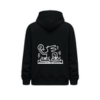 Hoodie unisex negro con ilustración grande de figura DJ manipulando una tornamesa en la espalda.