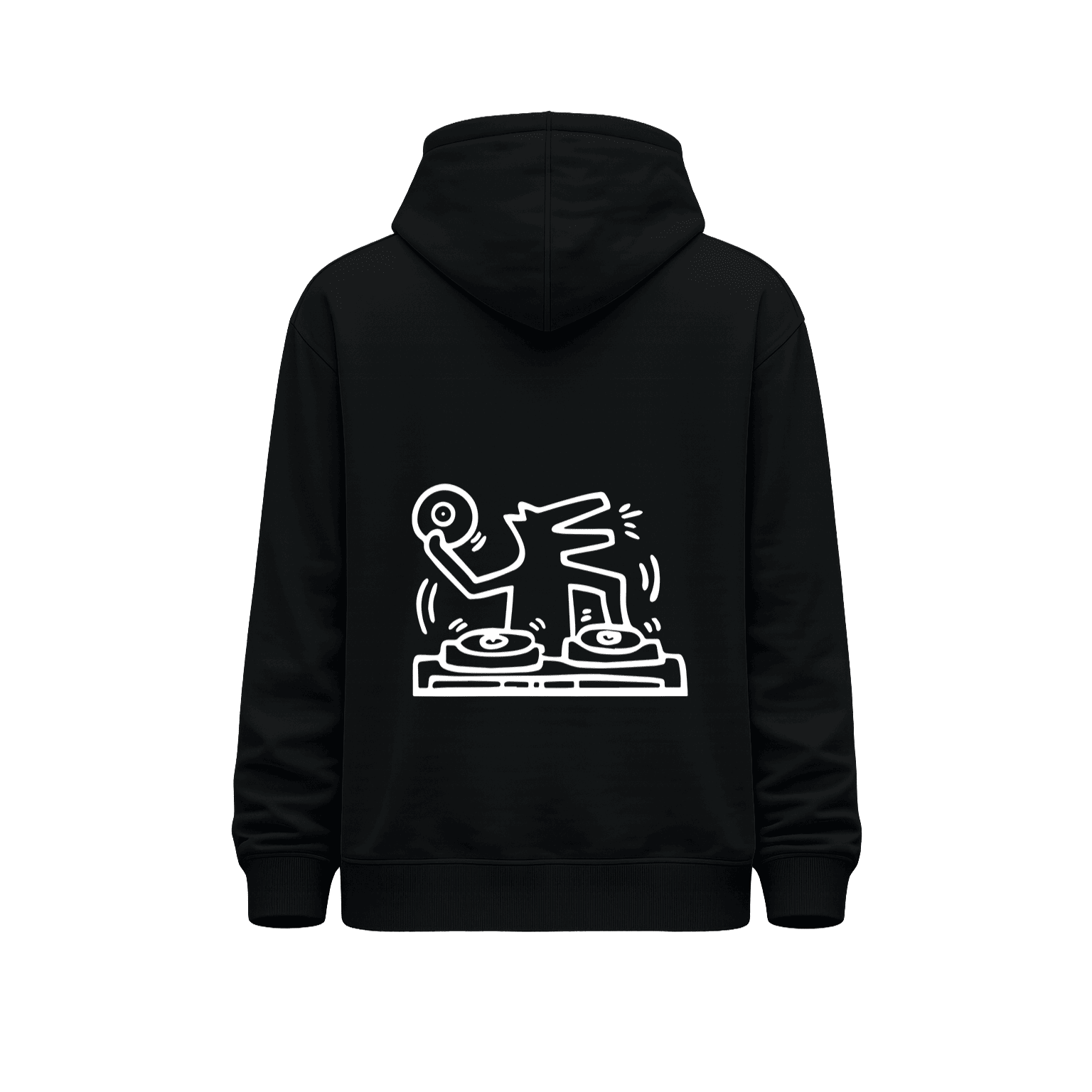 Hoodie unisex negro con ilustración grande de figura DJ manipulando una tornamesa en la espalda.