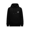 Hoodie unisex negro con pequeño gráfico blanco de figura en movimiento ubicado en el pecho izquierdo.