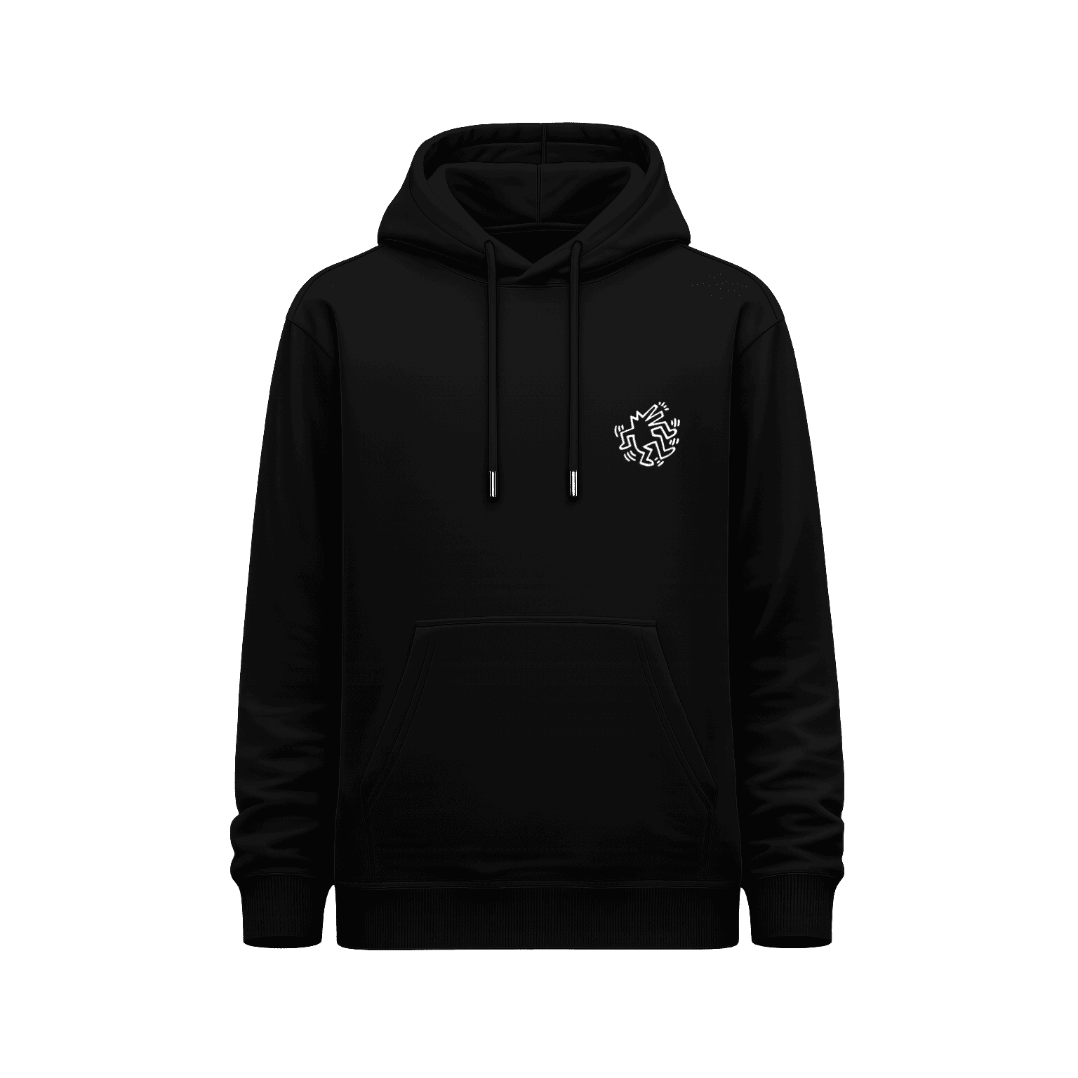 Hoodie unisex negro con pequeño gráfico blanco de figura en movimiento ubicado en el pecho izquierdo.