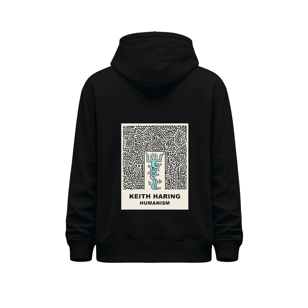 Hoodie unisex negro con gran ilustración artística Humanism Keith Haring centrada en la espalda.