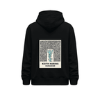 Hoodie unisex negro con gran ilustración artística Humanism Keith Haring centrada en la espalda.