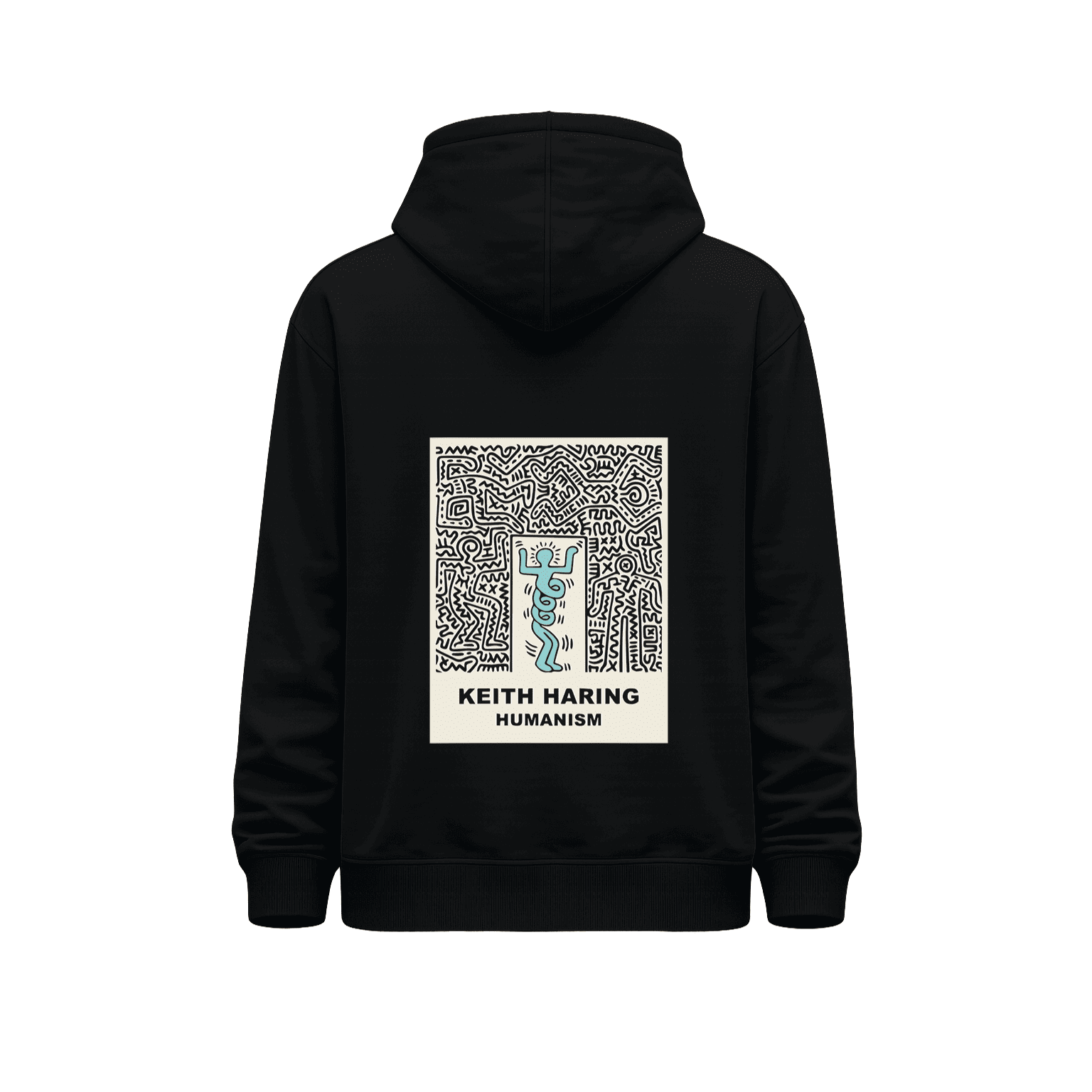 Hoodie unisex negro con gran ilustración artística Humanism Keith Haring centrada en la espalda.