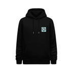 Hoodie unisex negro con capucha y pequeño estampado gráfico inspirado en Keith Haring ubicado en el pecho izquierdo.