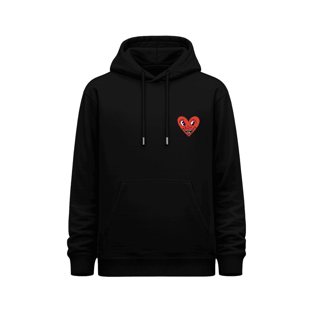 Hoodie negro Keith Haring Alien fight con pequeño corazón rojo con rostro en el pecho