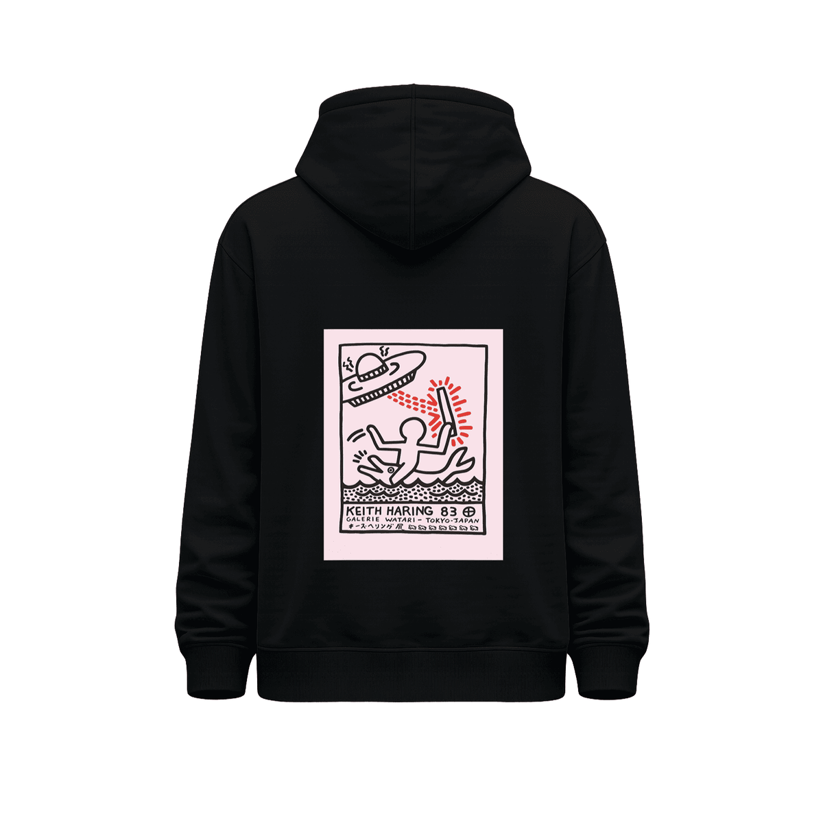 Hoodie negro Keith Haring Alien fight vista trasera con ilustración tipo arte contemporáneo de figura humana y nave con detalles rojos