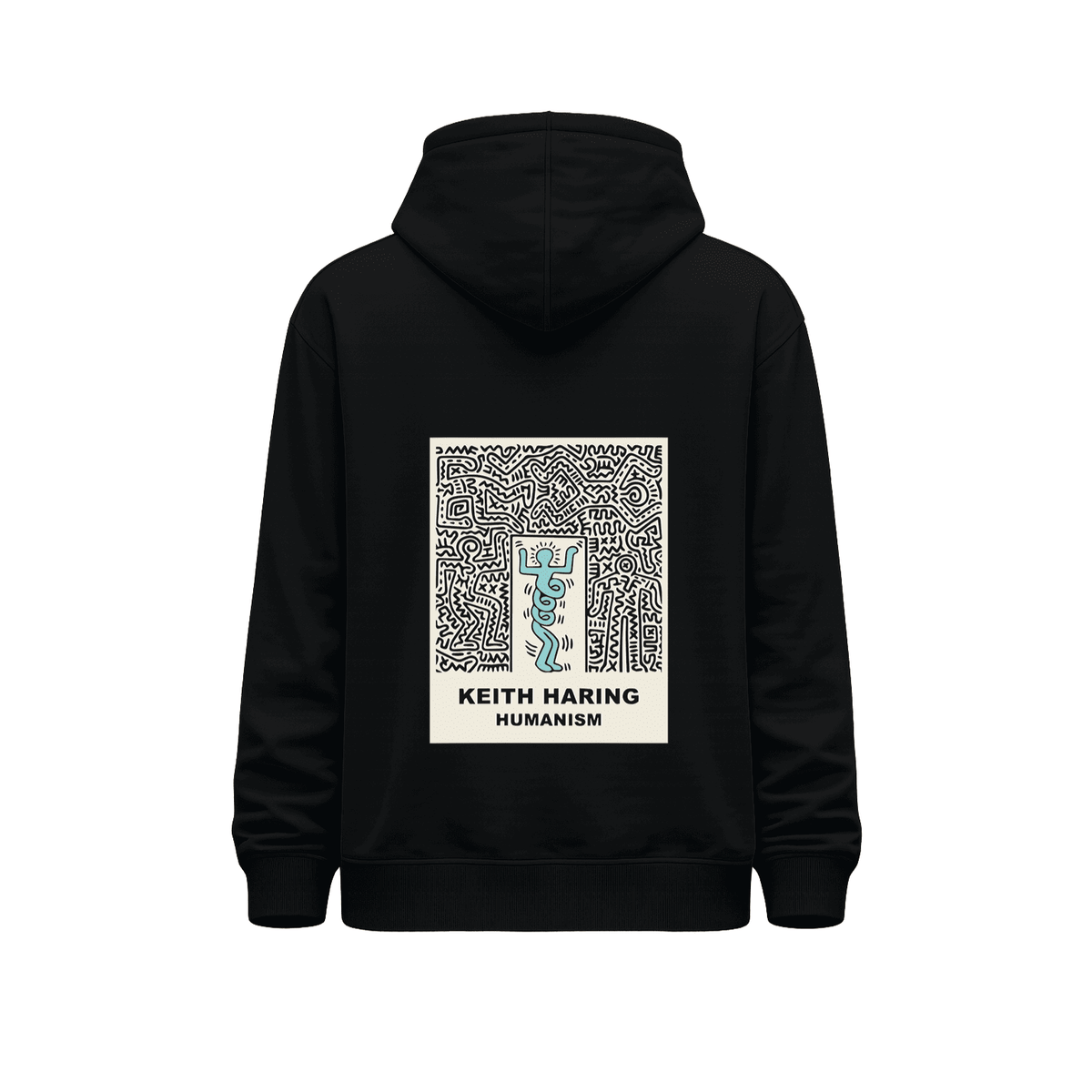 Hoodie unisex negro Keith Haring Blue Man Maze con gran ilustración artística Humanism Keith Haring centrada en la espalda.