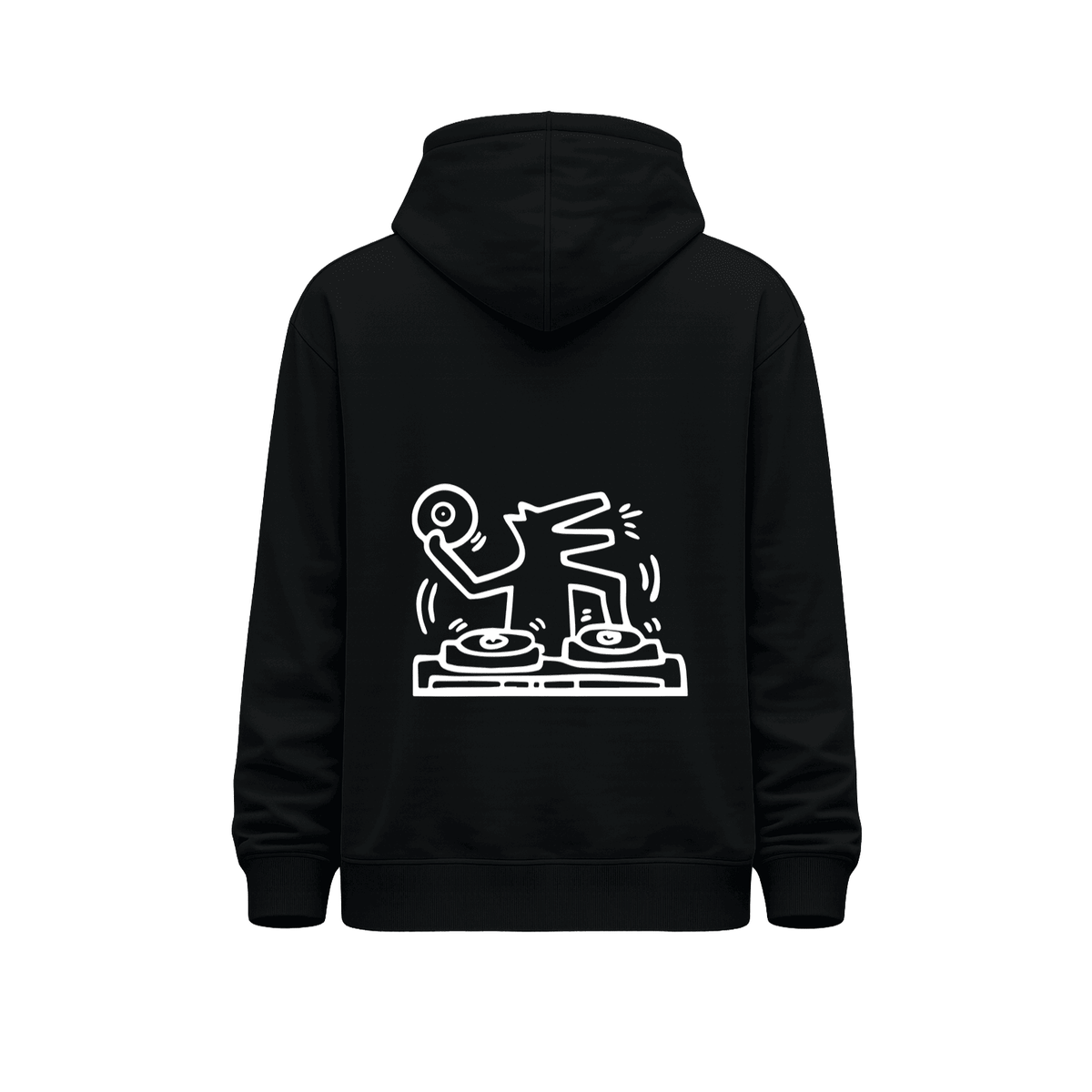 Hoodie unisex negro Keith Haring DJ dog con ilustración grande de figura DJ manipulando una tornamesa en la espalda.